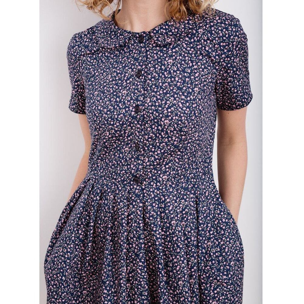 Off On Short Sleeve Cotton Floral Button Front Peter Pan Collar Mini Dress Small